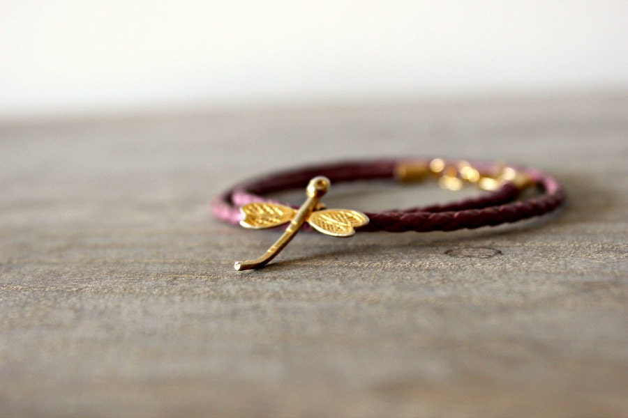 Lavender Leather Bracelet with Dragonfly Pendant - LemkaB