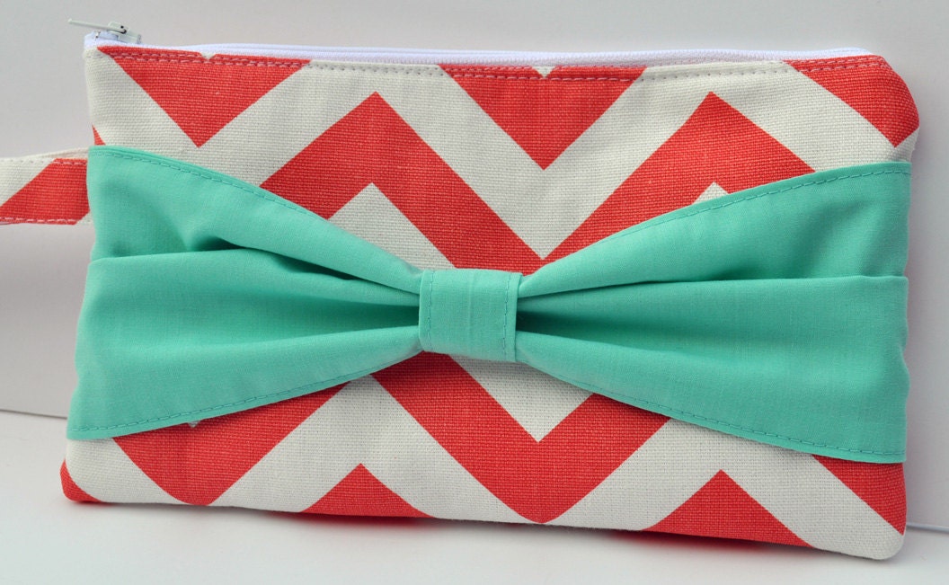 Chevron Bow Clutch in Coral Chevron with Aqua Bow Gift Bridesmaids