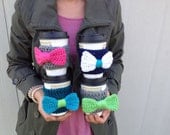 10 Coffee Tea Cup Cozy with Bows - STOCKING STUFFER SPECIAL - Reusable Sleeve - Neon - Navy - Blue - Green - Pink - Rainbow