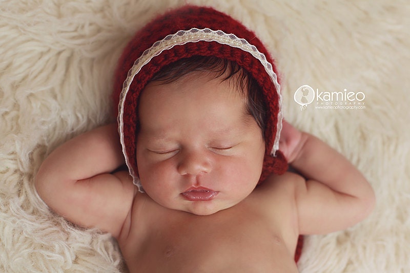 Newborn Bonnet with Slim Ties - Lace and Pearl Trim - Camel or Burgandy Wine - Newborn or 3 Month Size - Christmas Bonnet - Made to Order
