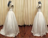 Vintage Handmade 50s Ivory Victorian Cathedral Princess Style Wedding Dress With Beige and Gold Brocade Flower Lace Details