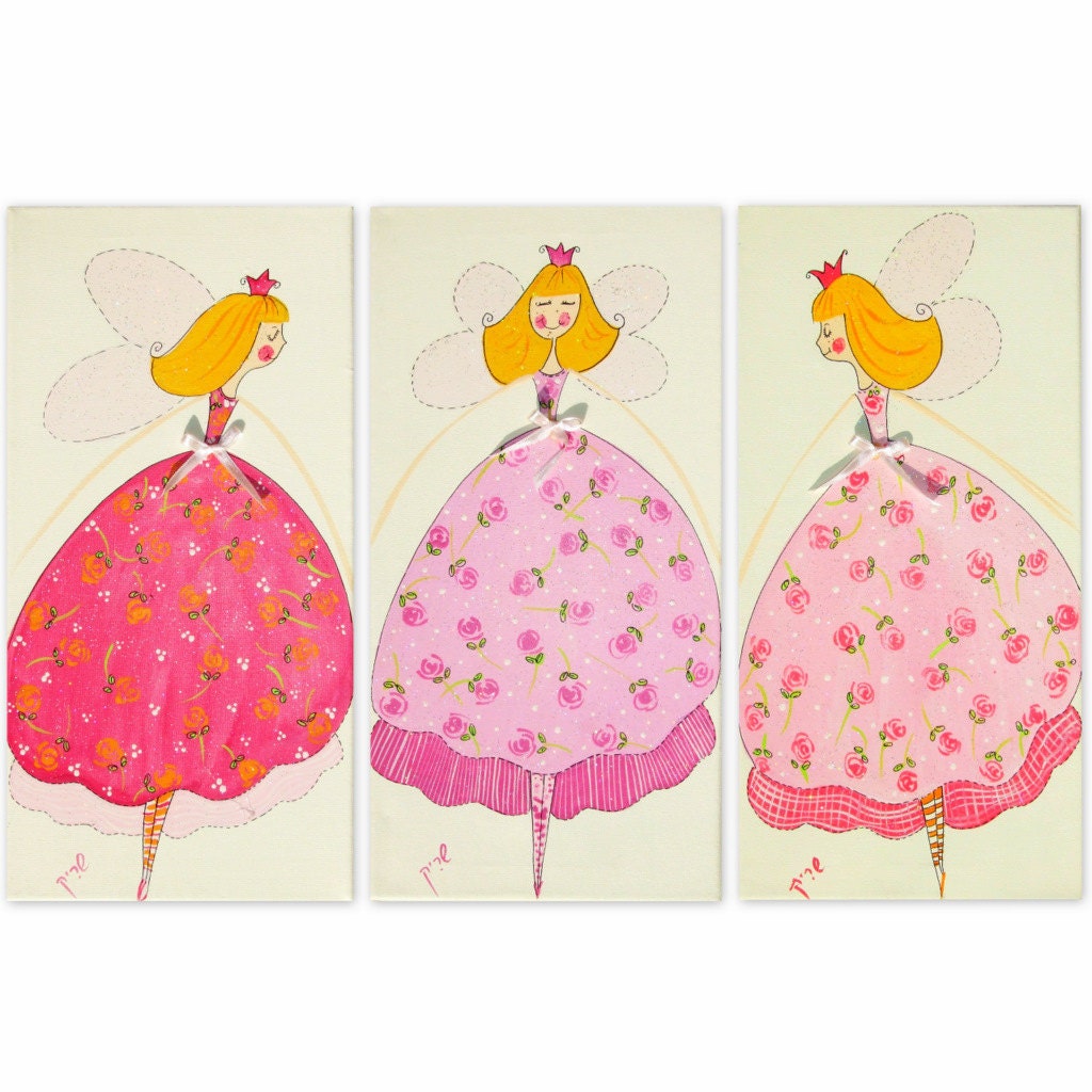 Pink Princess Fairies set of 3 - Girls Room Decor, Wall Art Canvas, baby nursery art, original paintings for kids room decoration