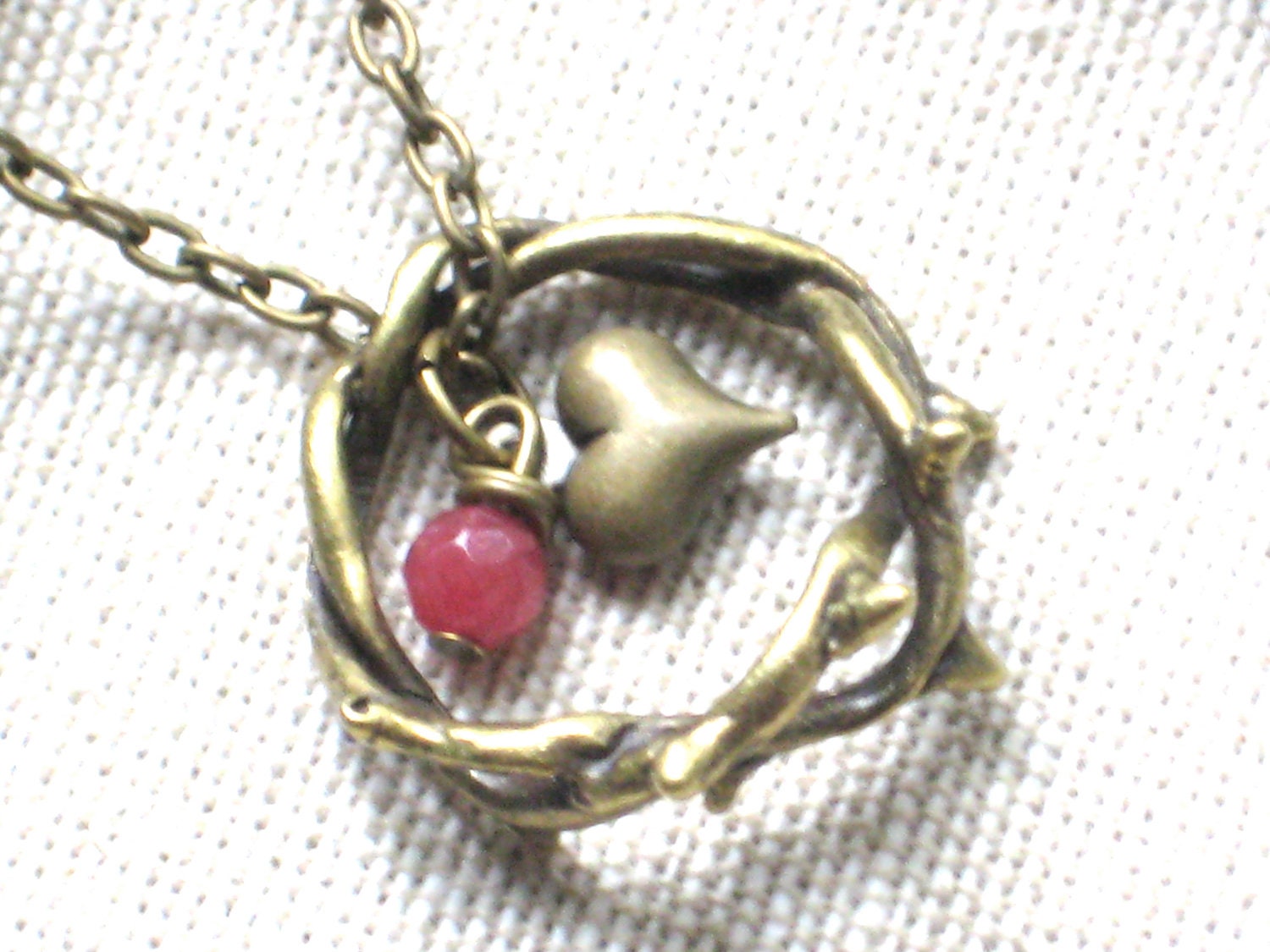 Crown of Thorns Necklace with Red Jade and Heart, Christian, Faith, Handmade, Antique brass, SImple Pendant, Charm