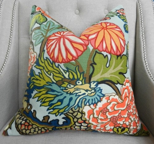 Decorative Designer  Pillow Cover - 20"X20" - Schumacher Chiang Mai Dragon in Aquamarine - Pattern on the front