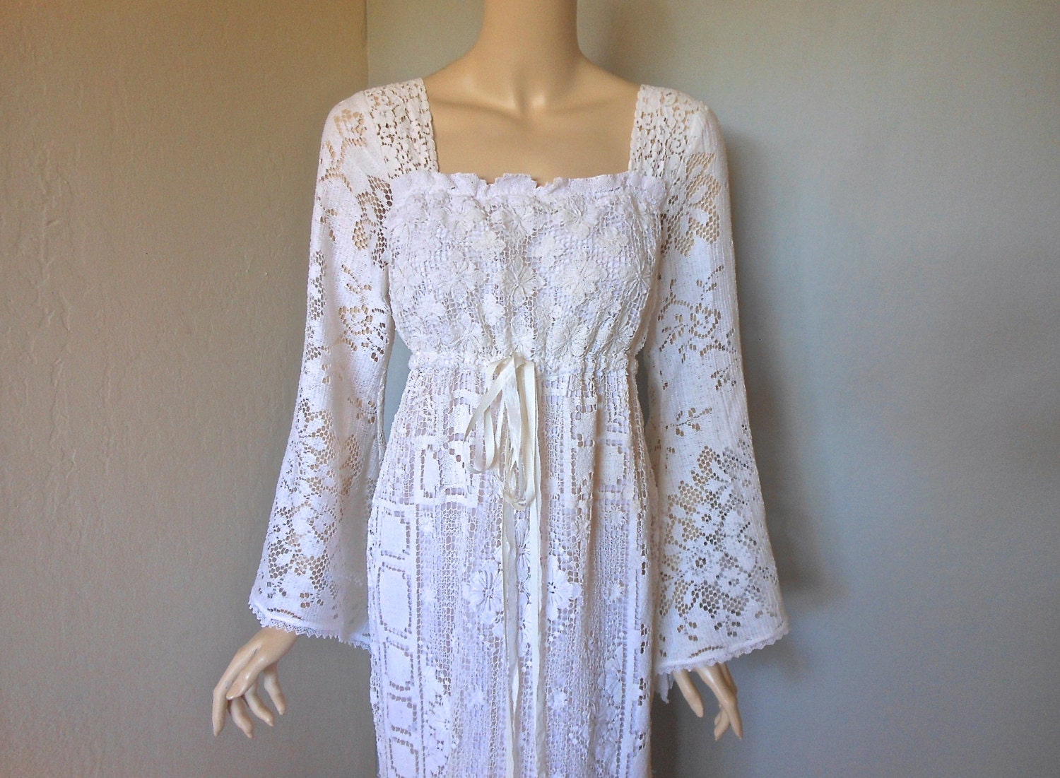 Victorian Antique Floral LACE Wedding Dress Fairy Empire Waist Train ooak L