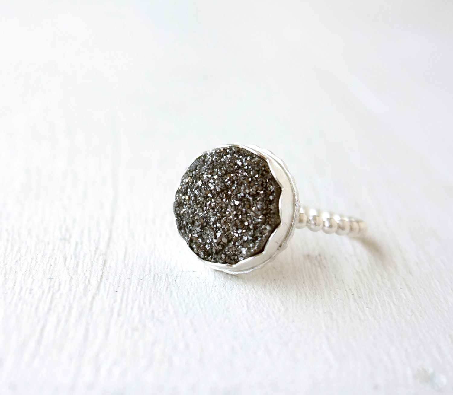 Silver Druzy Ring with a sparkly round druzy in brushed silver / cocktail ring in silver metallic Handmade gifts under 100 FREE SHIPPING
