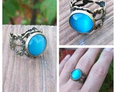 Turquoise Blue Cats Eye Cabochon Ring with Filigree Lace Adjustable Band