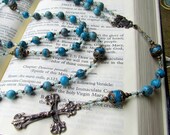 Catholic Rosary Beads for Women with Blue Crazy Lace Agate Gemstones Beaded with Bronze medals