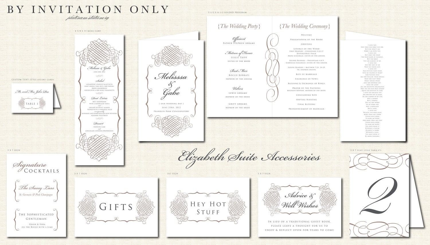 Elizabeth Wedding Suite Program, Place/Escort Cards, Menu, Table Numbers - Ivory, Taupe, Charcoal Grey, Customizable