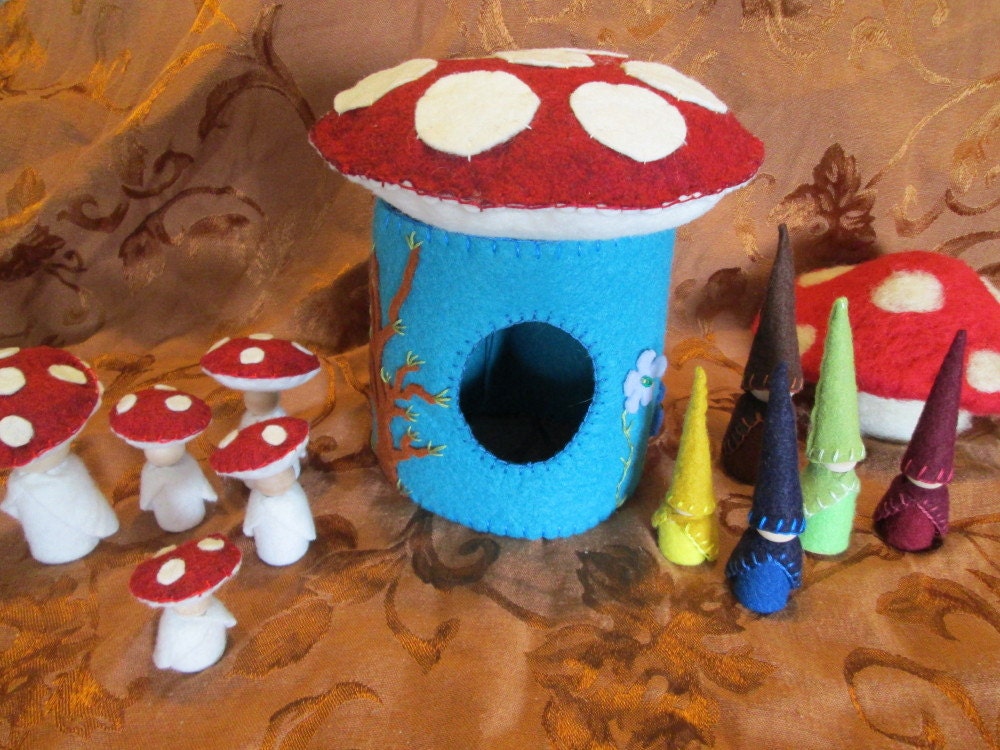 Woodland mushroom cottage in turquoise blue felt