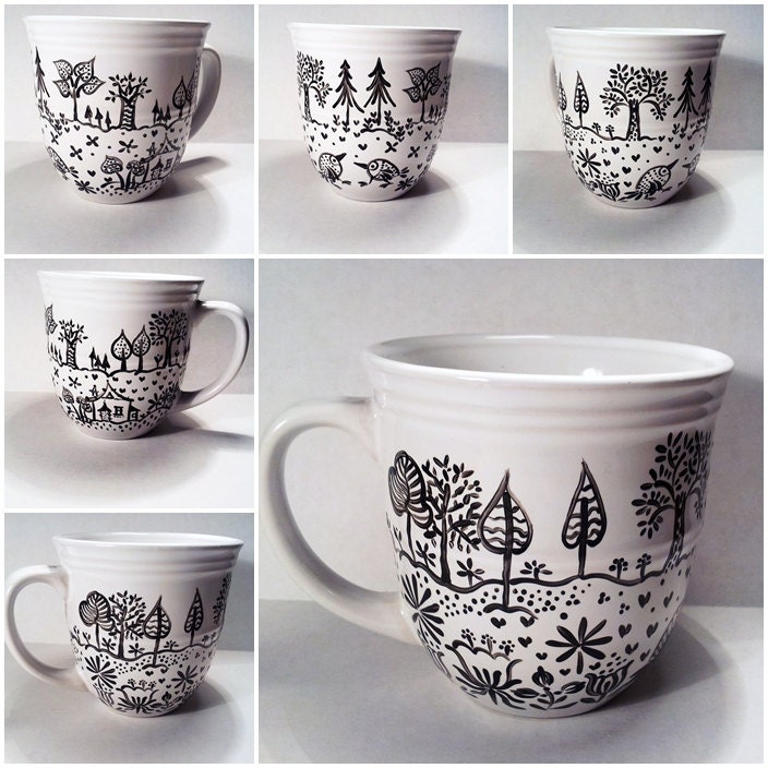 Handpainted Coffee Mug  / Decorative Ceramic Art / Illustration / Black White
