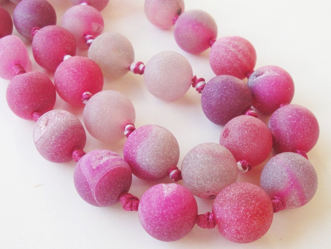 Frosted Pink Matte Druzy Agate Round Knotted Beads 12mm 8 Inch Strand/ Fire Dragon Veins Pink Beads