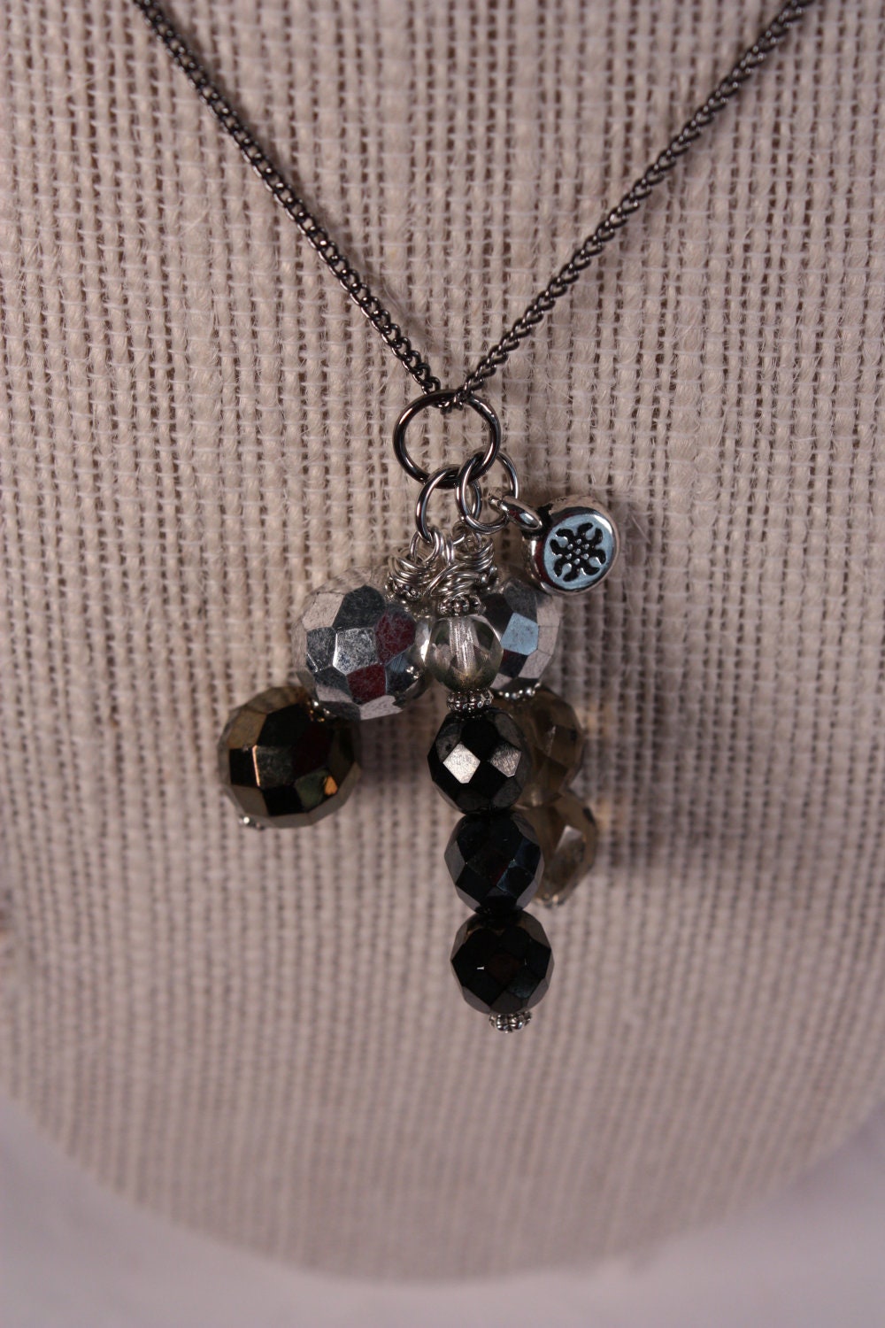 Cluster Necklace - Czech Glass Beads and Pewter Charm, 18 inches