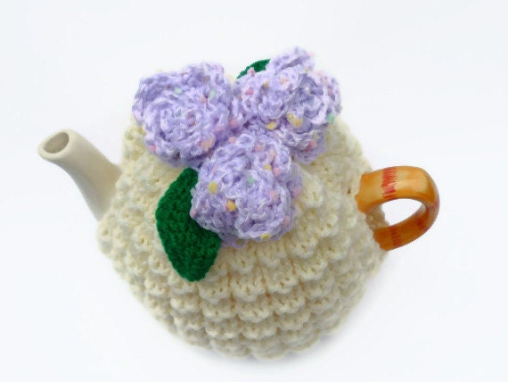 tea  cosie cozy hand knitted with lilac   crochet roses medium pot