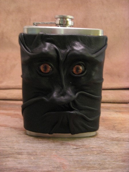 Grichels leather and stainless steel 8oz flask - black with rusty brown slit pupil fox eyes