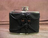 Grichels leather and stainless steel 4oz flask - black with red and yellow bird eyes