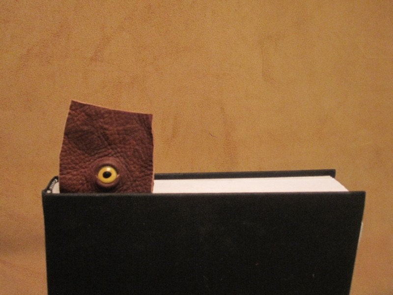 Grichels leather bookmark - textured chocolate brown with yellow fish eye