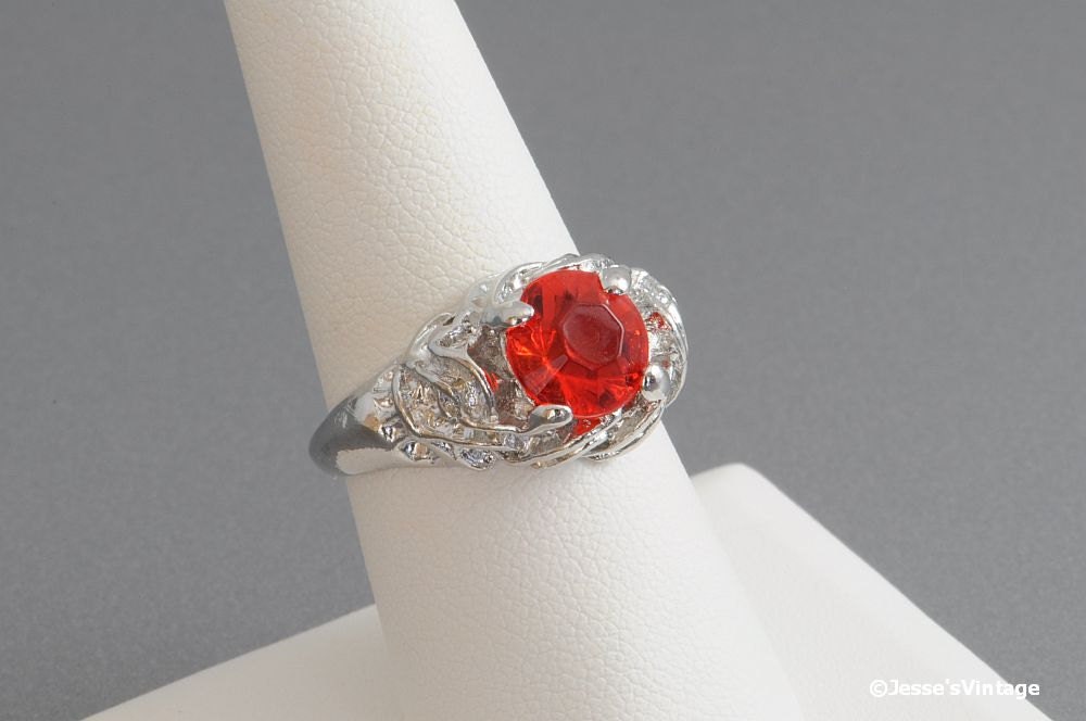 Vintage Silver Ring Cocktail Bright Red Chunky