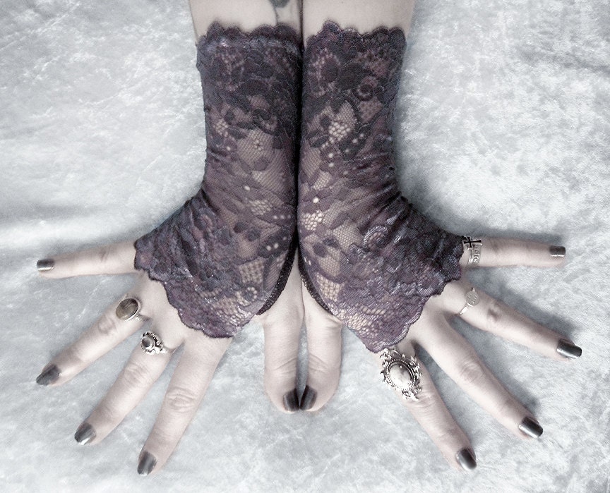Inessa Lace Fingerless Gloves - Dark Charcoal Grey Floral - Gothic Vampire Regency Tribal Goth Austen Bridal Fetish Bridesmaid Purple Plum