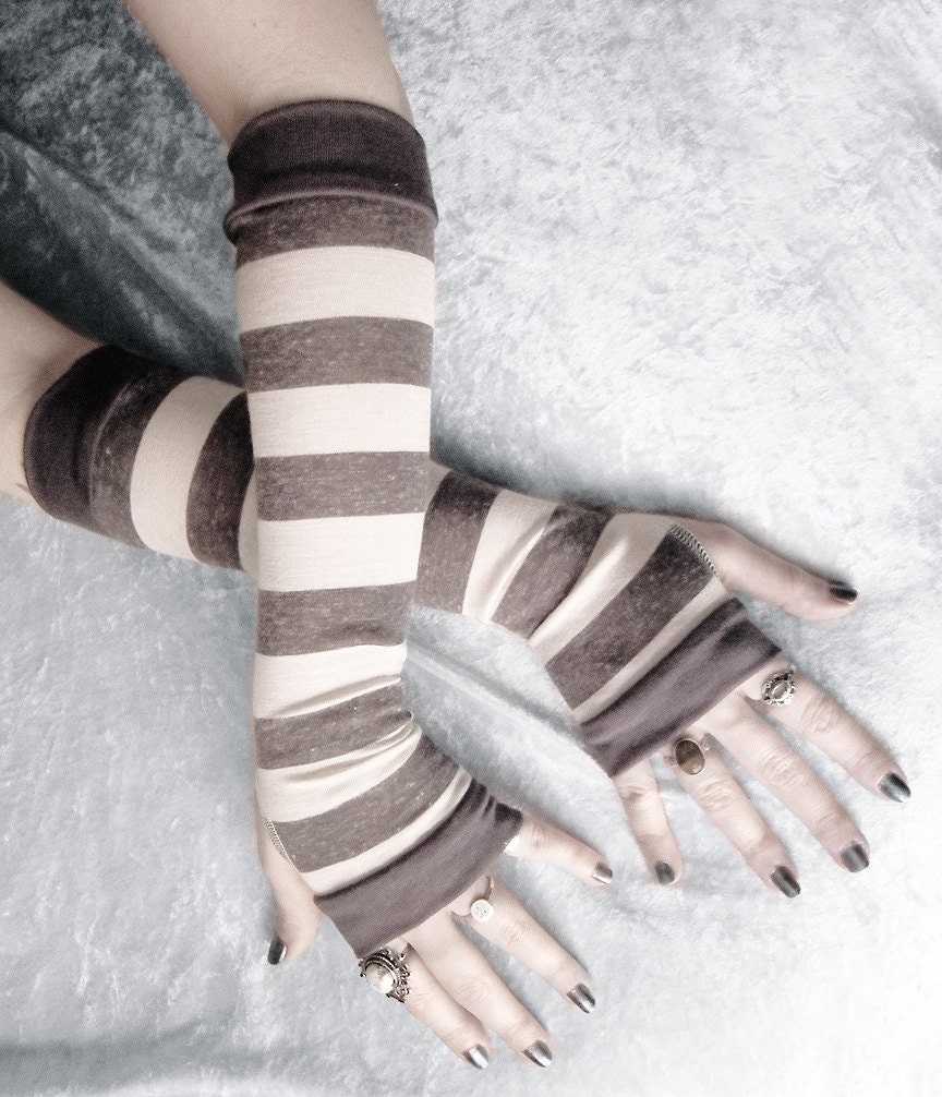 Basalt Arm Warmers - Dark Charcoal Heather Grey & Ivory Cream Striped Cotton - Gothic Yoga Cycling Running Emo Vampire Unisex Goth Gypsy