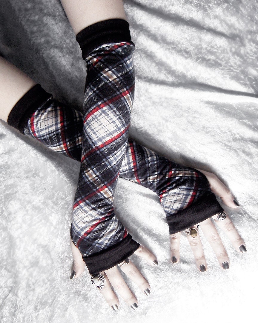 Father's Sunday Blazer Arm Warmers - Navy Blue Deep Red Ochre Tan Off White Black Plaid - Yoga Gothic Dark Tribal Goth Classic Cycling Emo