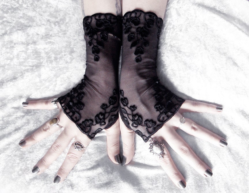 Adria Long Lace Fingerless Gloves - Black Embroidered Floral - Gothic Vampire Wedding Fetish Dark Tribal Bellydance Burlesque Goth Bridal