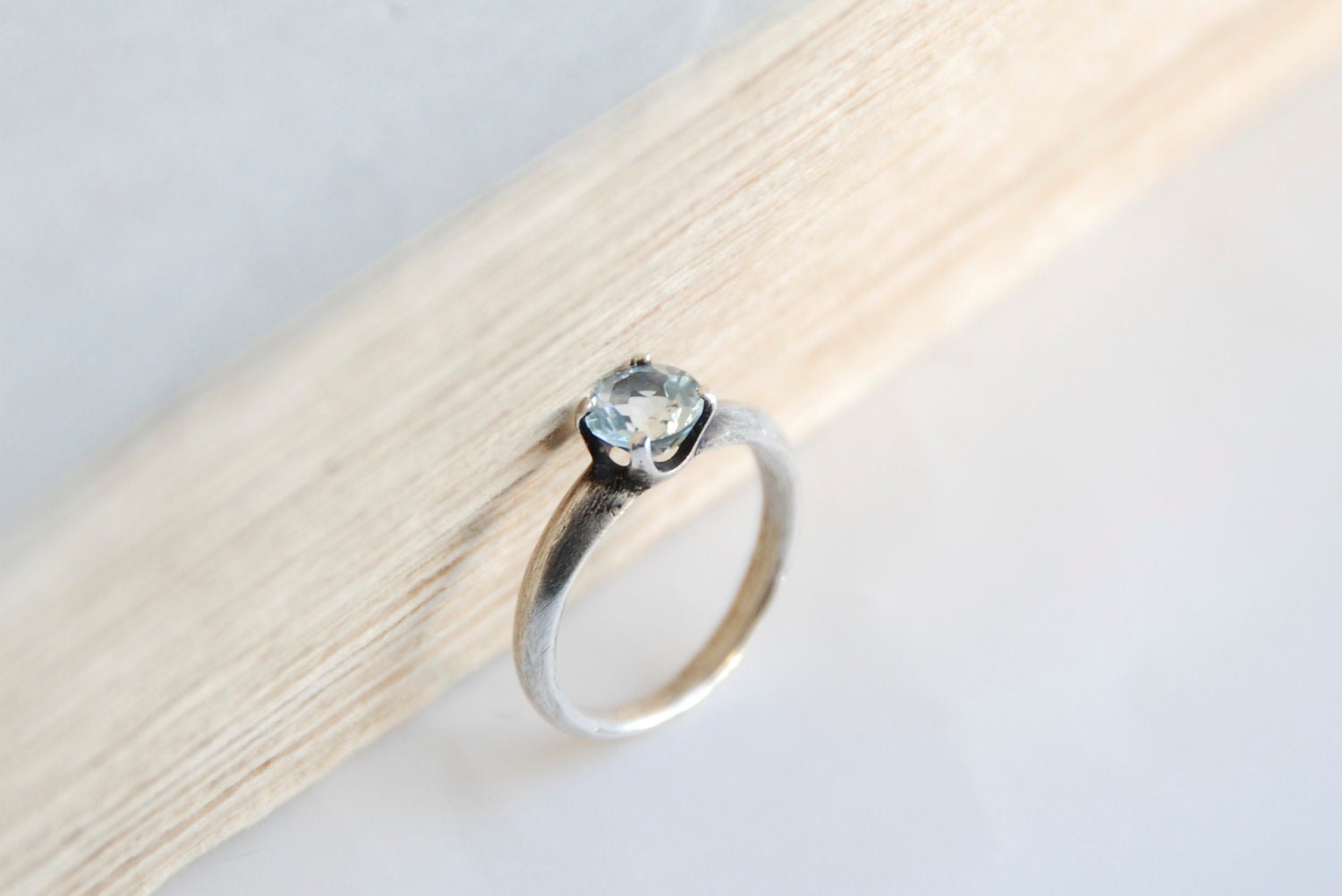 Solitaire Ring Aquamarine Traditional Antiqued Sterling Silver Round Cut Gemstone Made To Order