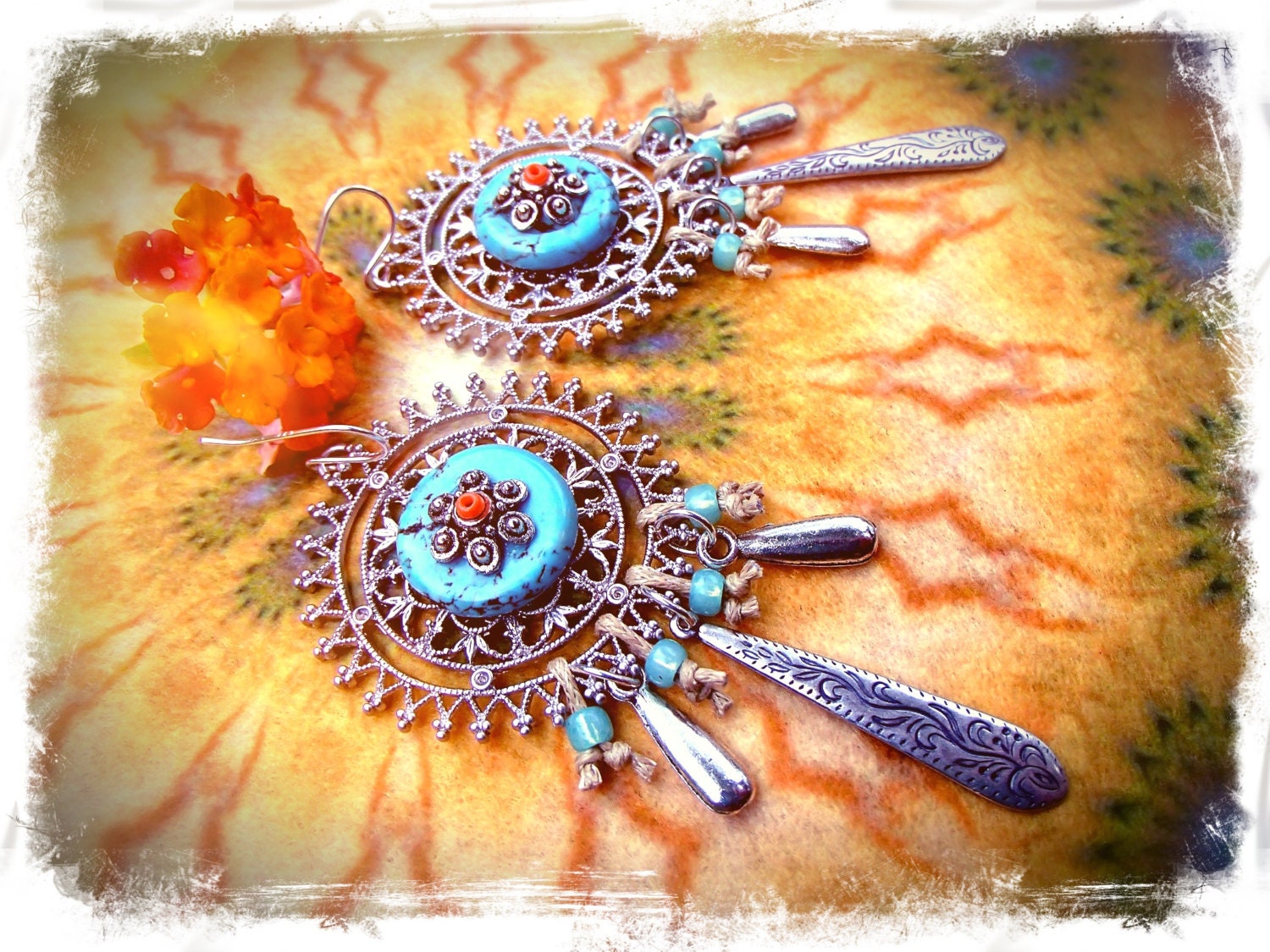 Native TURQUOISE Teardrop Earrings Bali earrings Long sterling silver earrings GYPSY earrings Rhodium Cowgirl western earrings