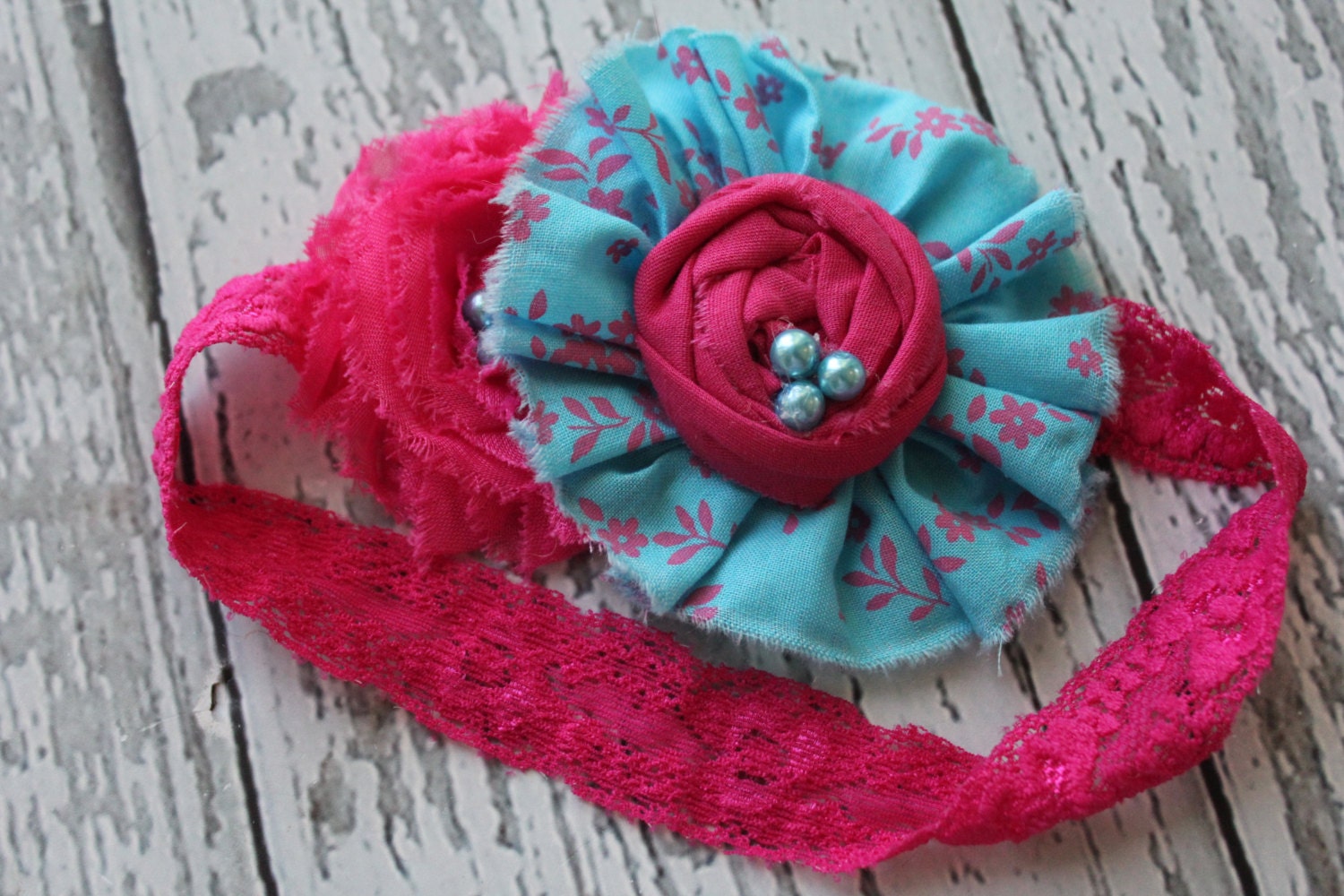 teal and bright pink ruffle, rosette and chiffon flower RTS 6-12m