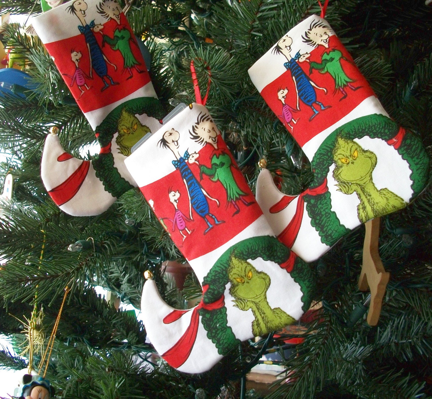 Stocking Gift Card Holders Ornaments Dr. Seuss Grinch Elf Toes Jingle Bells Set of Three Handmade Ready to Ship