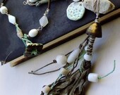 Storm Rider Bead and Silk Necklace in Aqua, white and bronze