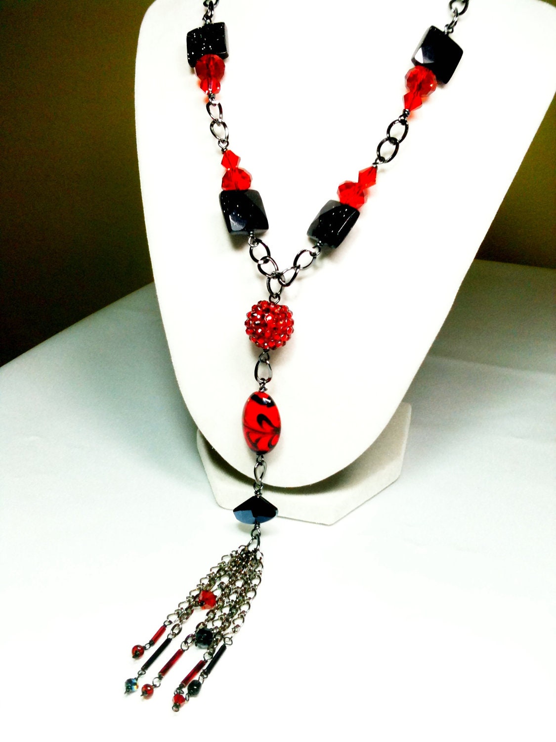 Red and Black T-Style Necklace with Tassle by2CarasCreations