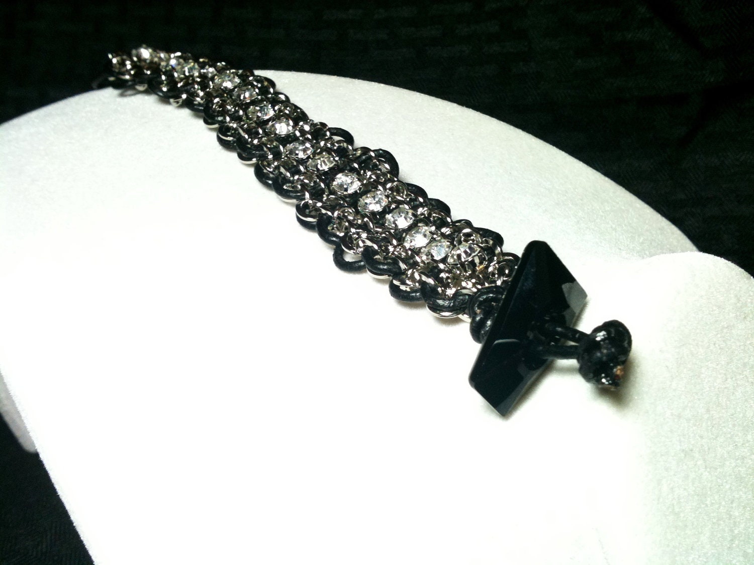 Black Leather Wrapped Chain, Rhinestones, & Swarovski Crystal Button Bracelet