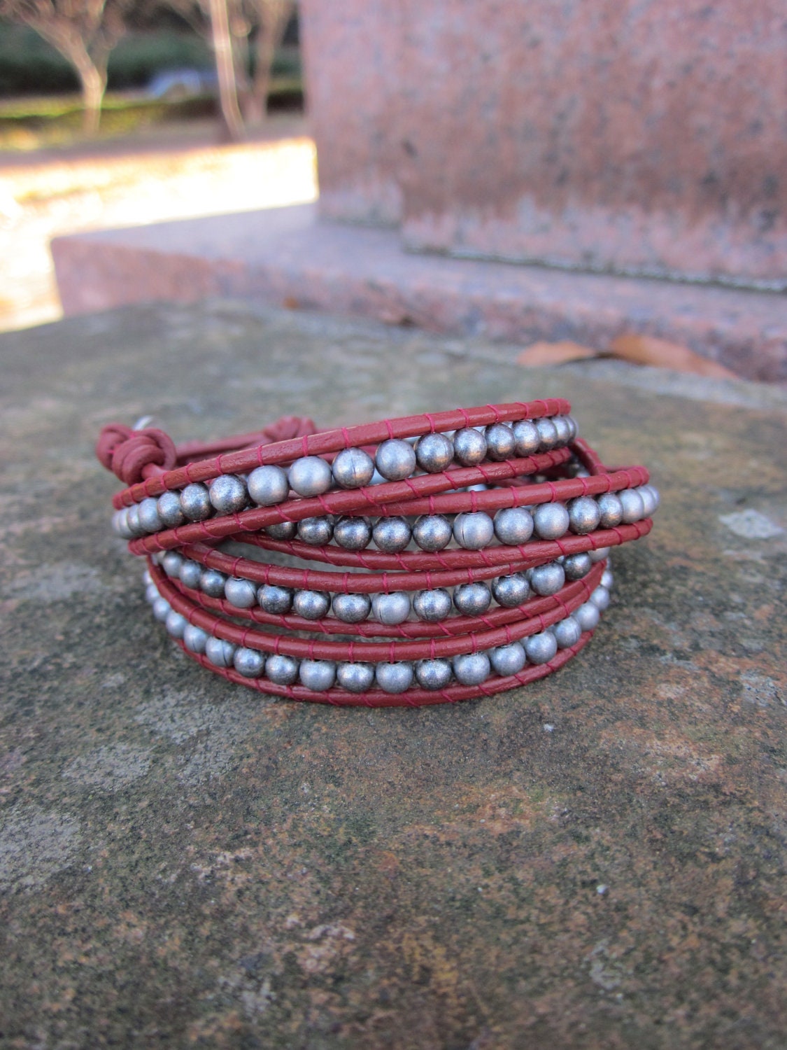 Leather Beaded Wrap Bracelet - Rust and Antique Silver