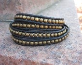 Leather Beaded Wrap Bracelet - Black and Bronze