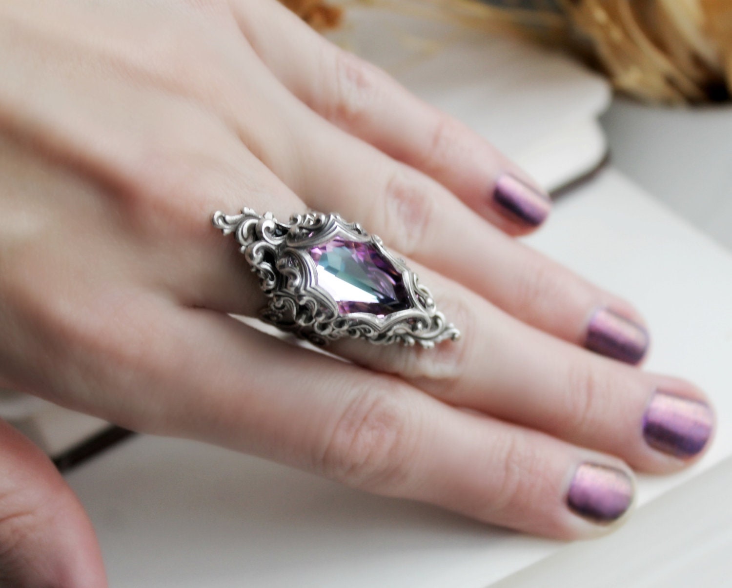 Lady Nebula Aged Silver and Swarovski Ring- Purple - Pink - Silver - Victorian - Fantasy - Water - Winter - Spring