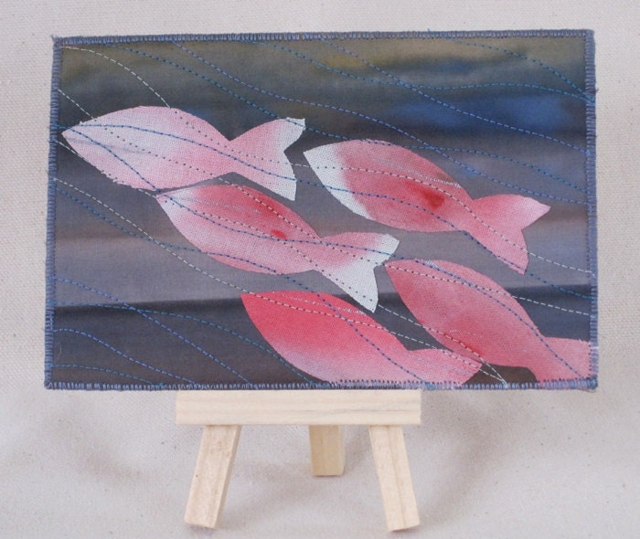 Fabric Postcard- Linen Fish School- Mailable Art- Little Worlds Within the Constraints of the Postcard Size