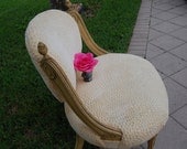 Vintage Mid Century Chair Carved Wood Arms and Legs ON Sale Creamy Fabric at Retro Daisy Girl