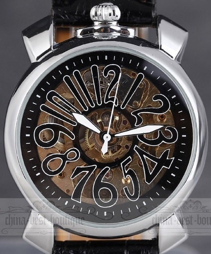 Skeleton Vintage Retro Steampunk Leather Wrap Watch Mechanical Bracelet Wind Watch with a lovely Silver Gold skeleton pattern FREE SHIP