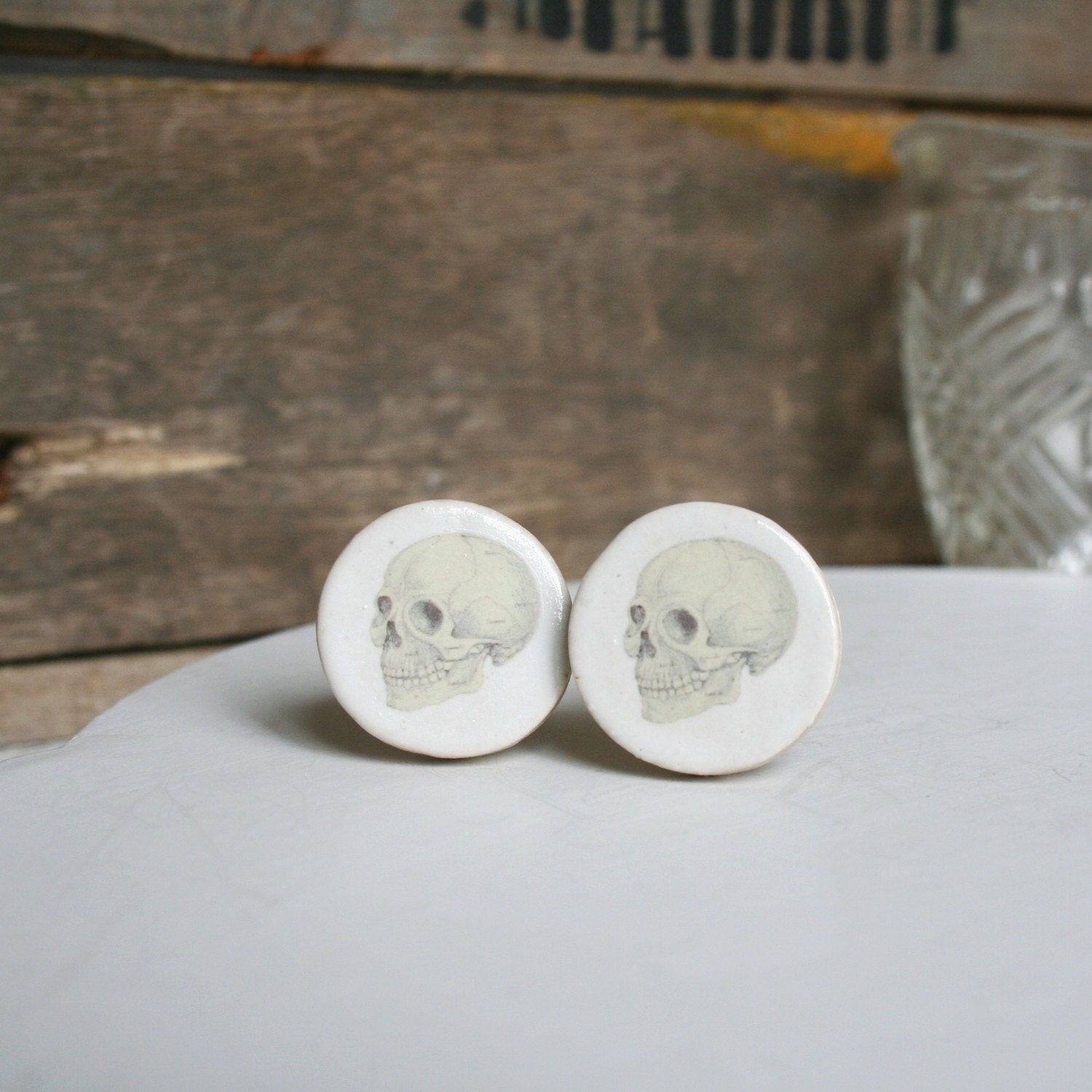 Oversized Ceramic Cufflinks with Anatomical Skull Illustration