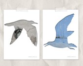 birds 5x7 art print set, silhouette collage photography, set of 2, blank notecard, cyan, blue, gray, rustic decor, seagull, fly, animal art