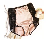 High Waist Panties in Black Lace and Pink Satin Bohemian Pin Up Made to Order by Ohhh Lulu