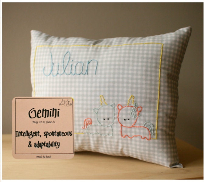 Personalized  baby birth Pillow, Julian is a Gemini