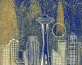 LARGE Moonrise Over Seattle Silkscreened Hand Pulled ORIGINAL Print SIGNED