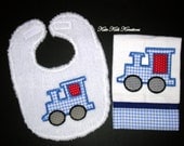 Baby Boy's Train Bib and Burp Cloth Gift Set, Ready to Ship
