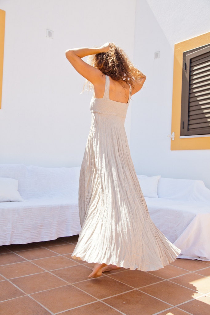 Maxi Crinkled Linen Dress in Natural Sand