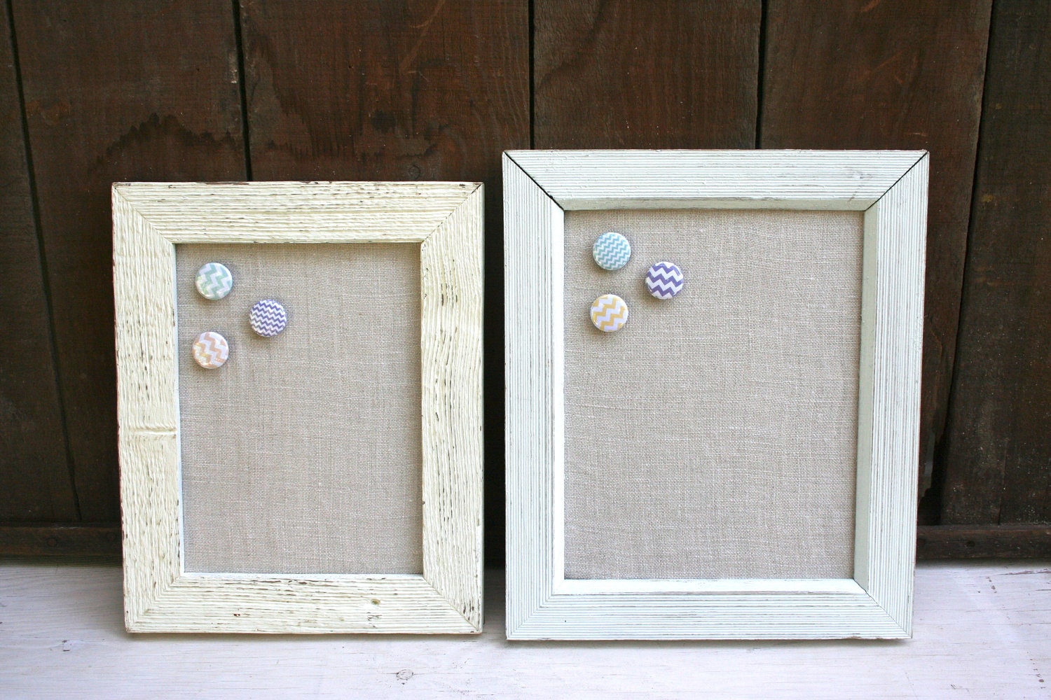 TWO HANDMADE Barn Wood Frame Magnet Boards  - Covered in linen with chevron magnets - Nursery/Baby Shower/Gift
