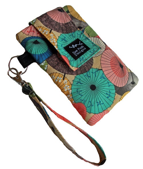 Parasols Asian Oriental Japanese Fabric  Iphone Blackberry Cell Phone Camera Padded  Sleeve Wristlet Key Fob Case Front Pocket Washable