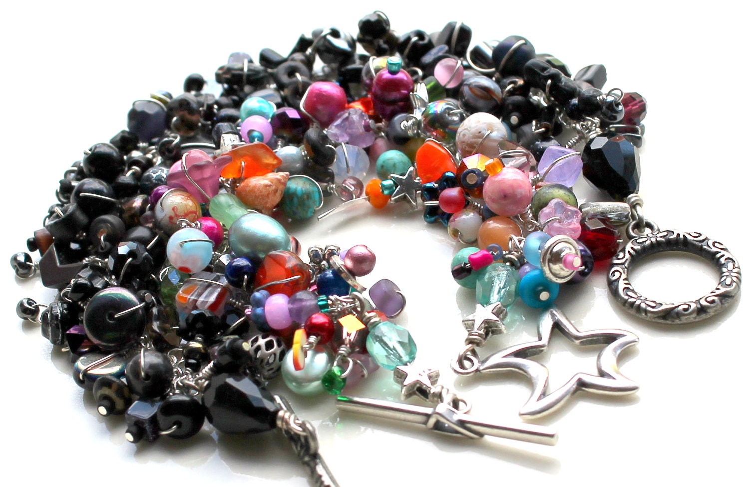 star bracelet. soft colors. rainbow colors handmade beaded wire wrapped layering gemstone bracelet. costume jewelry