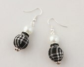 Black Tartan, Black Rondelle and White Pearl Earrings